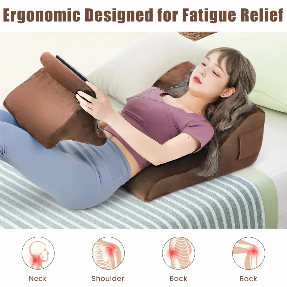 Bed Wedge Pillow with Tablet Pillow Stand and Side Pockets-Brown - Brown - Bedding