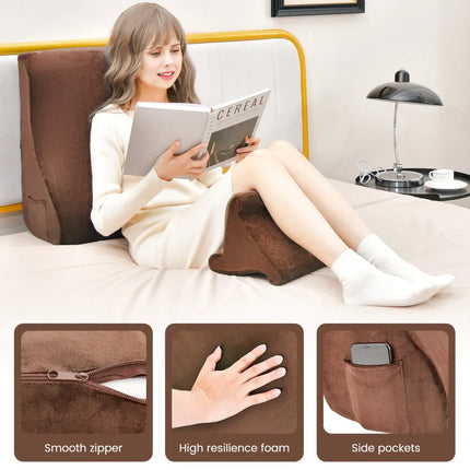 Bed Wedge Pillow with Tablet Pillow Stand and Side Pockets-Brown - Brown - Bedding