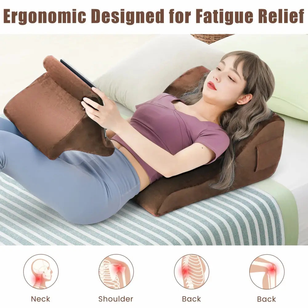 Bed Wedge Pillow with Tablet Pillow Stand and Side Pockets-Brown - Brown - Bedding