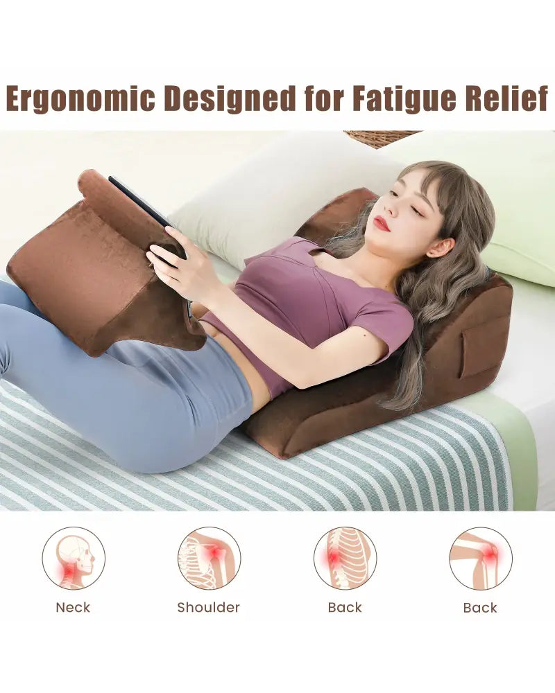 Bed Wedge Pillow with Tablet Pillow Stand and Side Pockets-Brown - Brown - Bedding