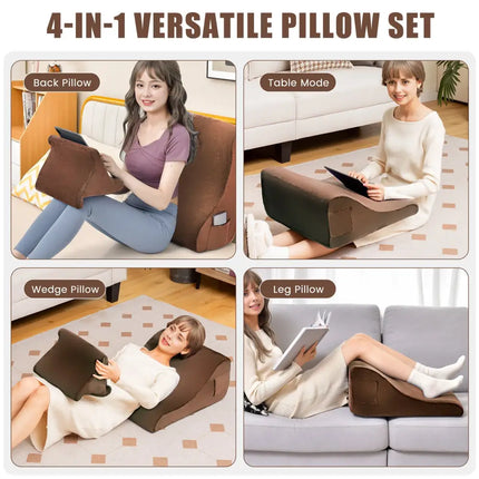 Bed Wedge Pillow with Tablet Pillow Stand and Side Pockets-Brown - Brown - Bedding
