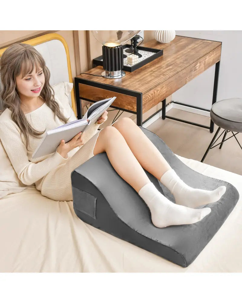 Bed Wedge Pillow with Tablet Pillow Stand and Side Pockets-Gray - Gray - Bedding