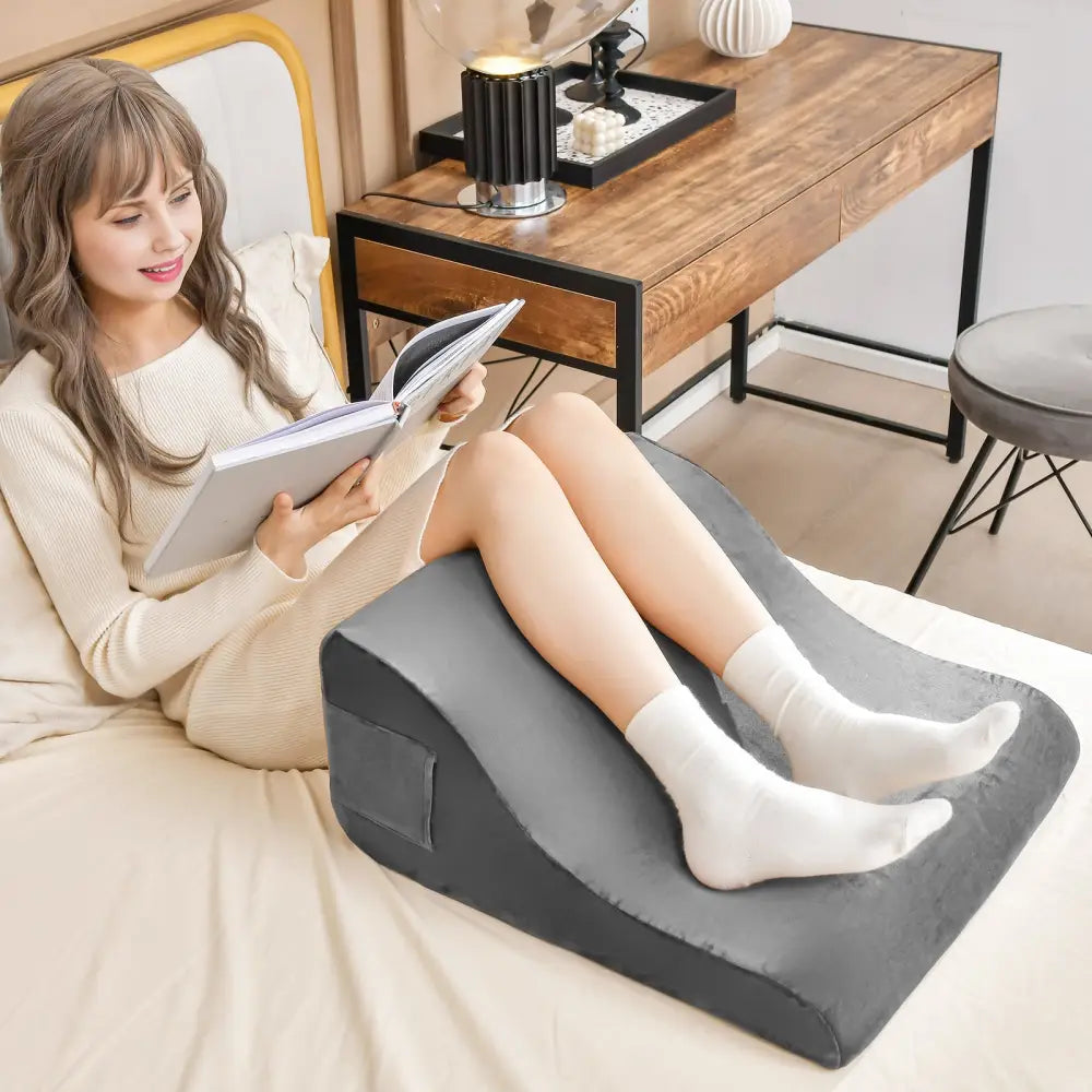 Bed Wedge Pillow with Tablet Pillow Stand and Side Pockets-Gray - Gray - Bedding