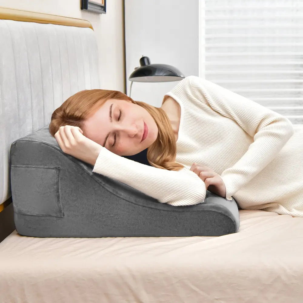 Bed Wedge Pillow with Tablet Pillow Stand and Side Pockets-Gray - Gray - Bedding