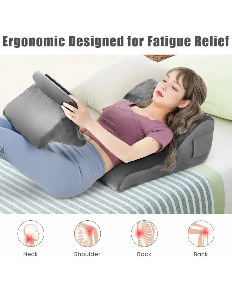 Bed Wedge Pillow with Tablet Pillow Stand and Side Pockets-Gray - Gray - Bedding