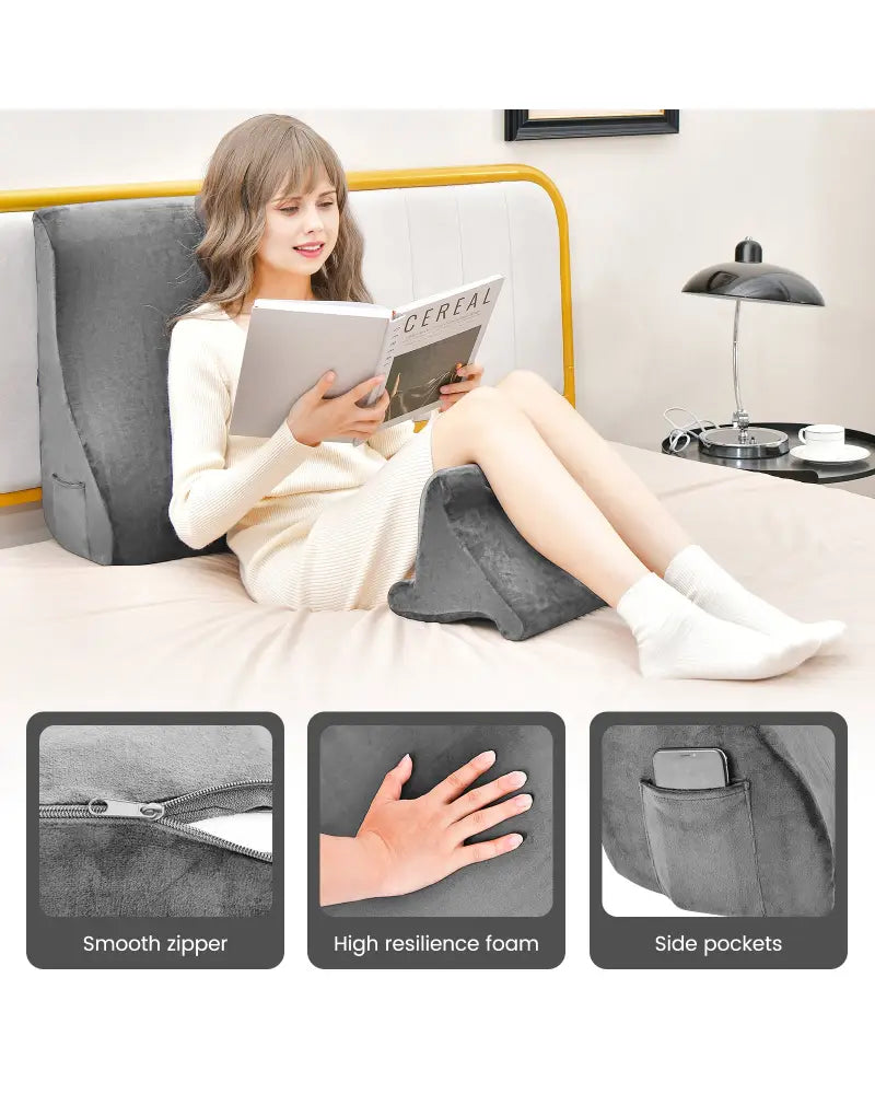 Bed Wedge Pillow with Tablet Pillow Stand and Side Pockets-Gray - Gray - Bedding