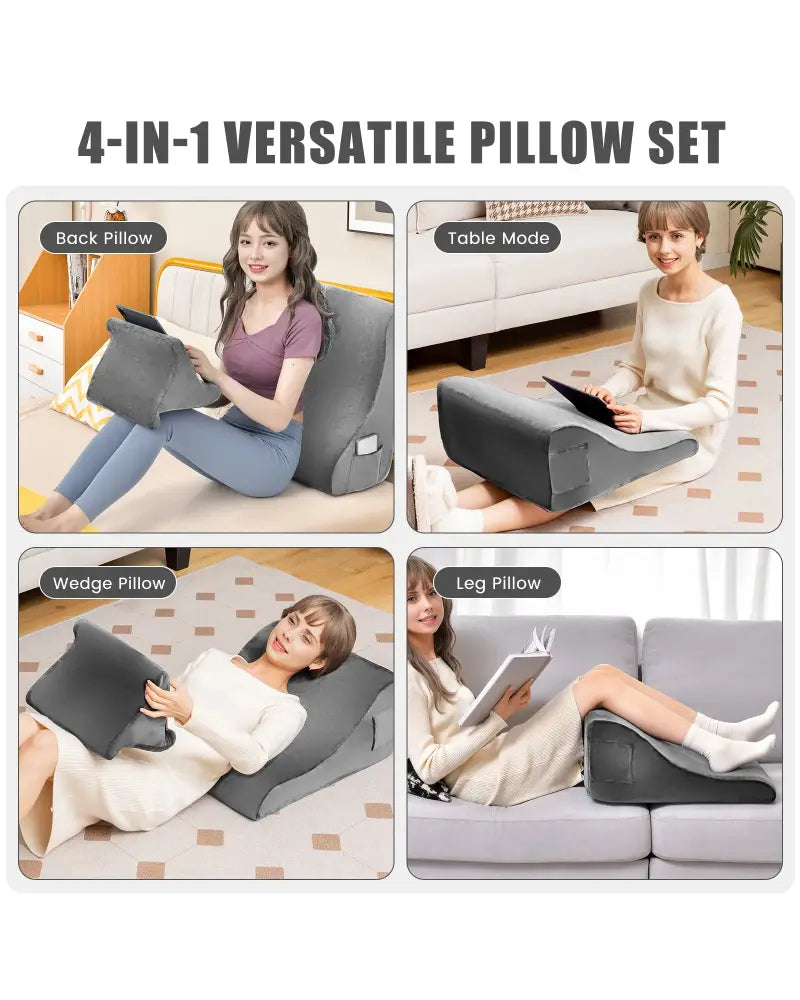 Bed Wedge Pillow with Tablet Pillow Stand and Side Pockets-Gray - Gray - Bedding