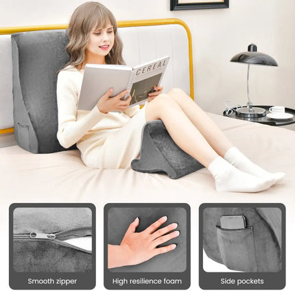 Bed Wedge Pillow with Tablet Pillow Stand and Side Pockets-Gray - Gray - Bedding