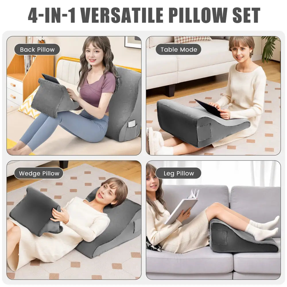 Bed Wedge Pillow with Tablet Pillow Stand and Side Pockets-Gray - Gray - Bedding