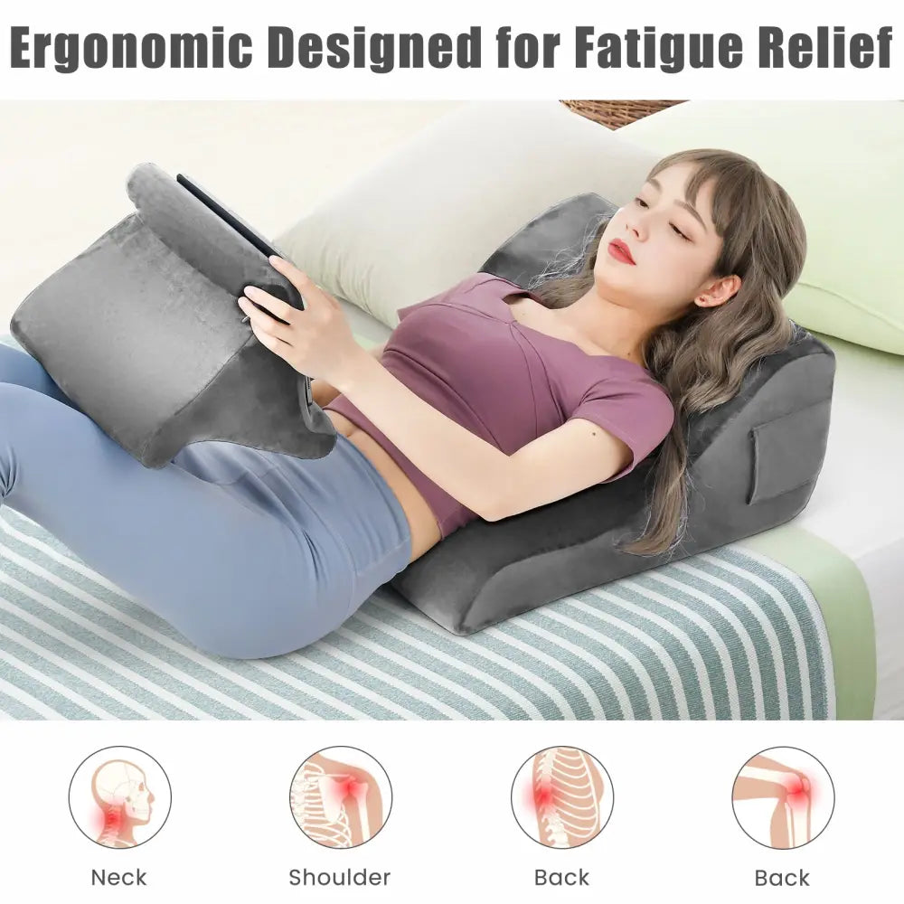 Bed Wedge Pillow with Tablet Pillow Stand and Side Pockets-Gray - Gray - Bedding
