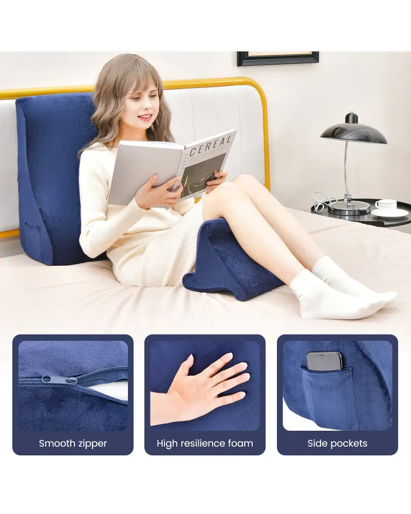 Bed Wedge Pillow with Tablet Pillow Stand and Side Pockets-Navy - Navy - Bedding