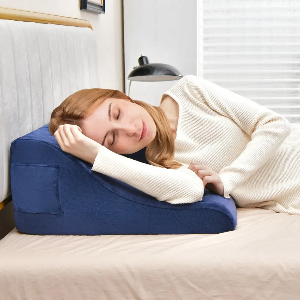 Bed Wedge Pillow with Tablet Pillow Stand and Side Pockets-Navy - Navy - Bedding
