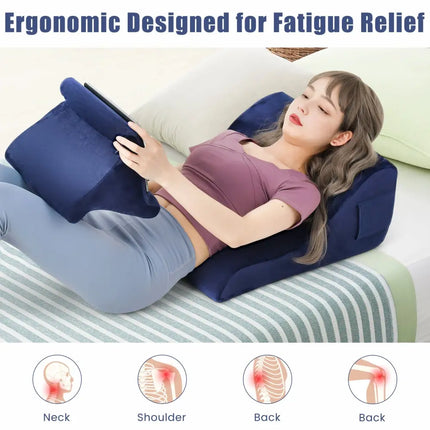 Bed Wedge Pillow with Tablet Pillow Stand and Side Pockets-Navy - Navy - Bedding