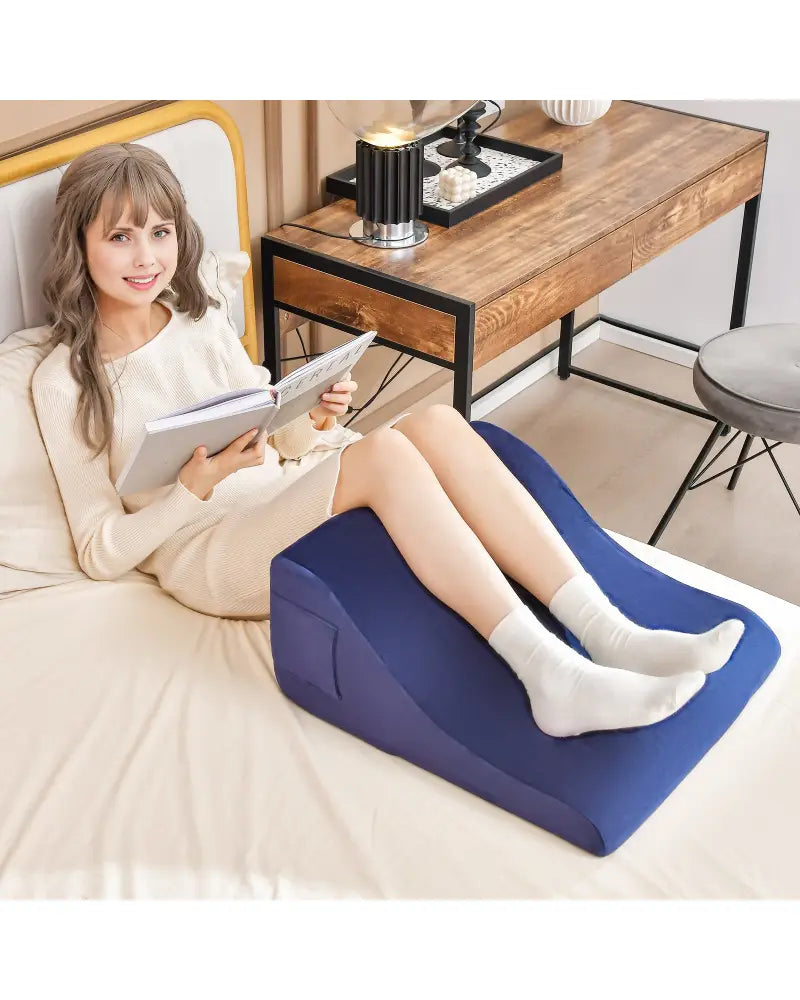 Bed Wedge Pillow with Tablet Pillow Stand and Side Pockets-Navy - Navy - Bedding