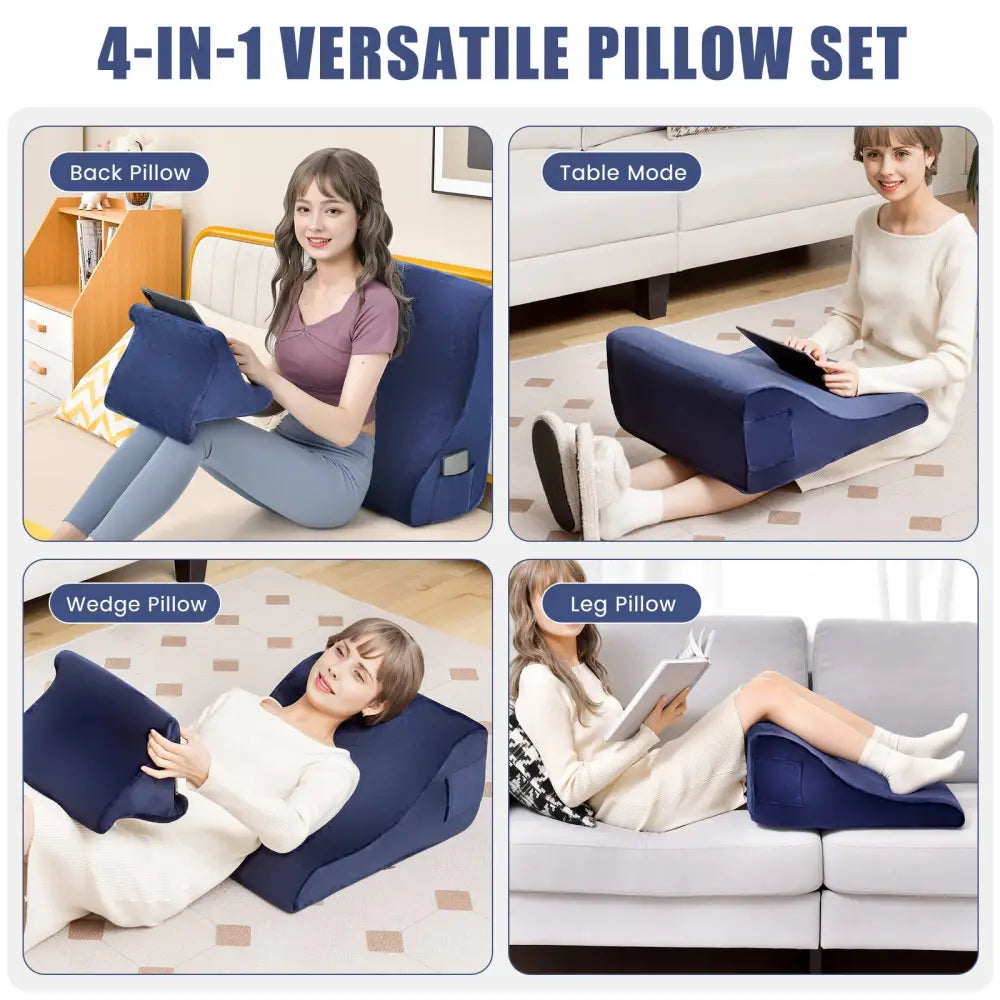 Bed Wedge Pillow with Tablet Pillow Stand and Side Pockets-Navy - Navy - Bedding