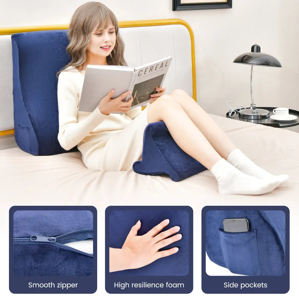 Bed Wedge Pillow with Tablet Pillow Stand and Side Pockets-Navy - Navy - Bedding