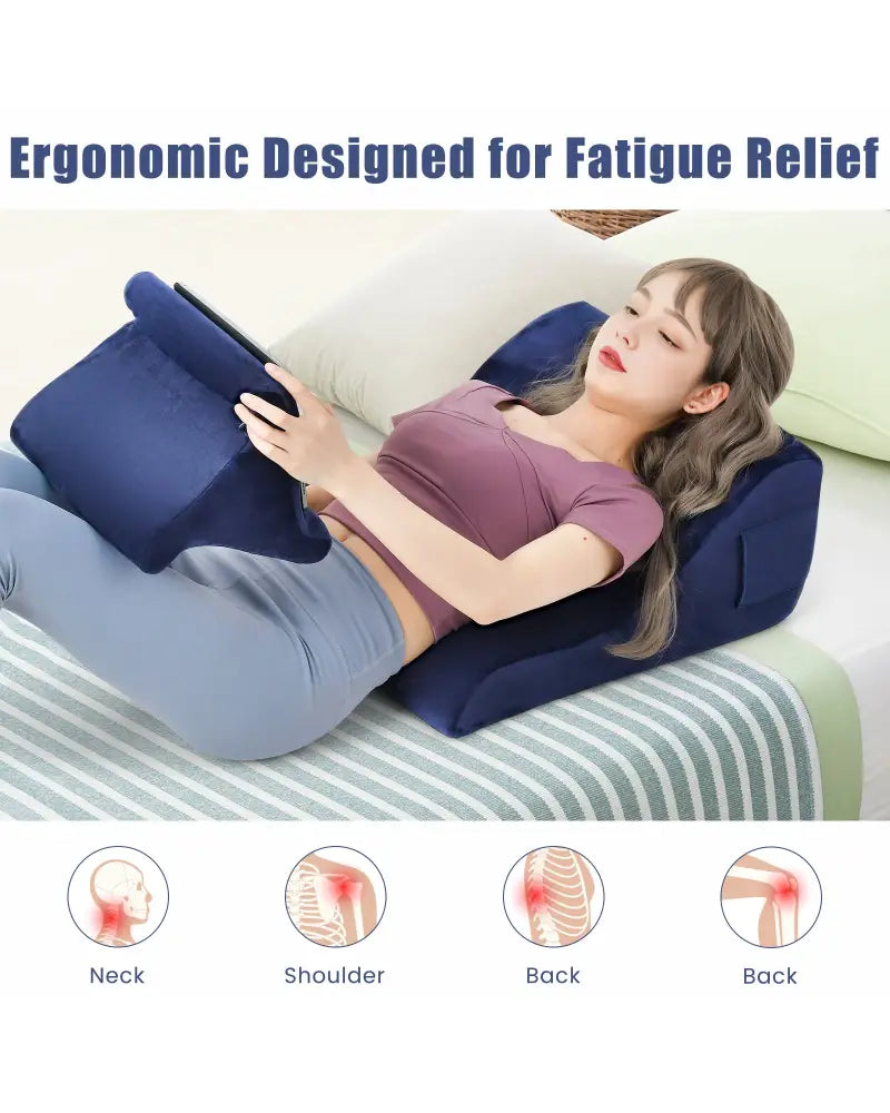 Bed Wedge Pillow with Tablet Pillow Stand and Side Pockets-Navy - Navy - Bedding