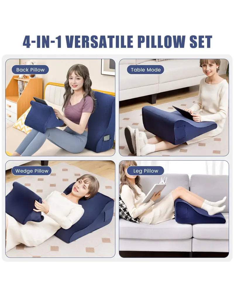 Bed Wedge Pillow with Tablet Pillow Stand and Side Pockets-Navy - Navy - Bedding
