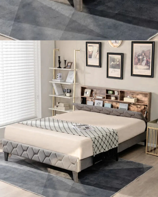 Modern bedroom with a bed, shelves, and decorative elements.