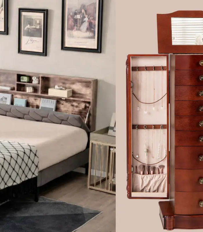 Bedroom with bed and shelves, and jewelry armoires on a beige background
