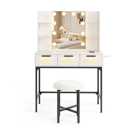 Bedroom Makeup Vanity Desk with Hollywood Mirror and Lights-White - White - Makeup Vanities