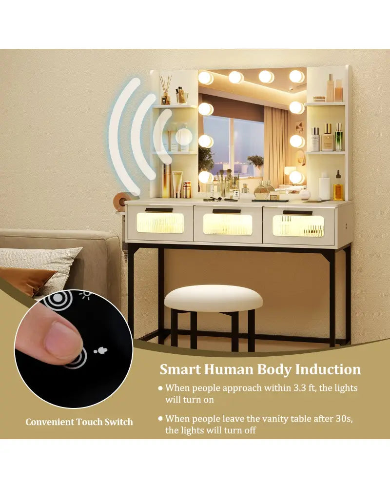 Bedroom Makeup Vanity Desk with Hollywood Mirror and Lights-White - White - Makeup Vanities