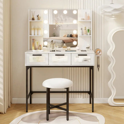 Bedroom Makeup Vanity Desk with Hollywood Mirror and Lights-White - White - Makeup Vanities