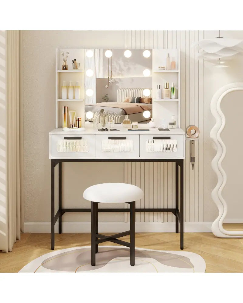 Bedroom Makeup Vanity Desk with Hollywood Mirror and Lights-White - White - Makeup Vanities