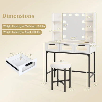 Bedroom Makeup Vanity Desk with Hollywood Mirror and Lights-White - White - Makeup Vanities