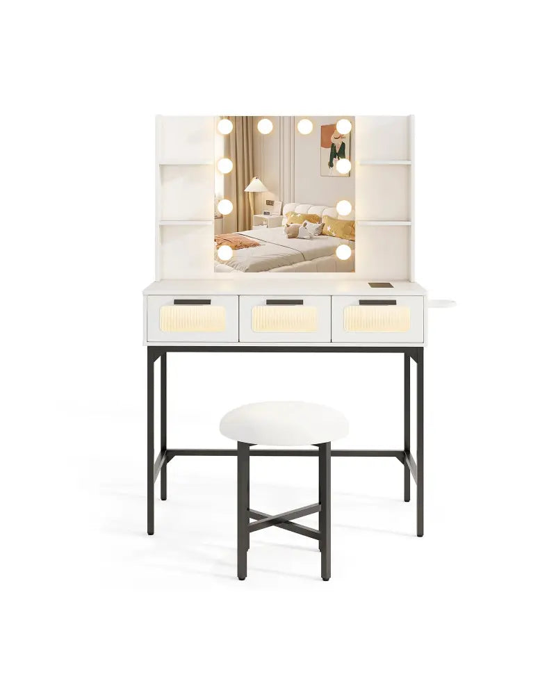 Bedroom Makeup Vanity Desk with Hollywood Mirror and Lights-White - White - Makeup Vanities