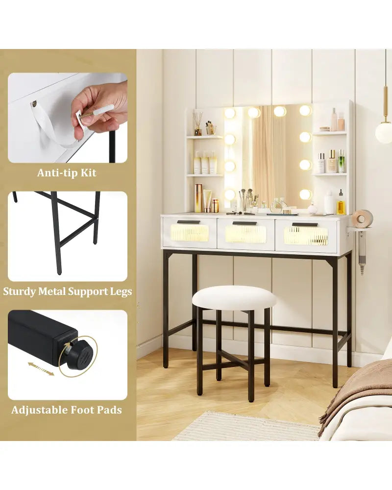 Bedroom Makeup Vanity Desk with Hollywood Mirror and Lights-White - White - Makeup Vanities