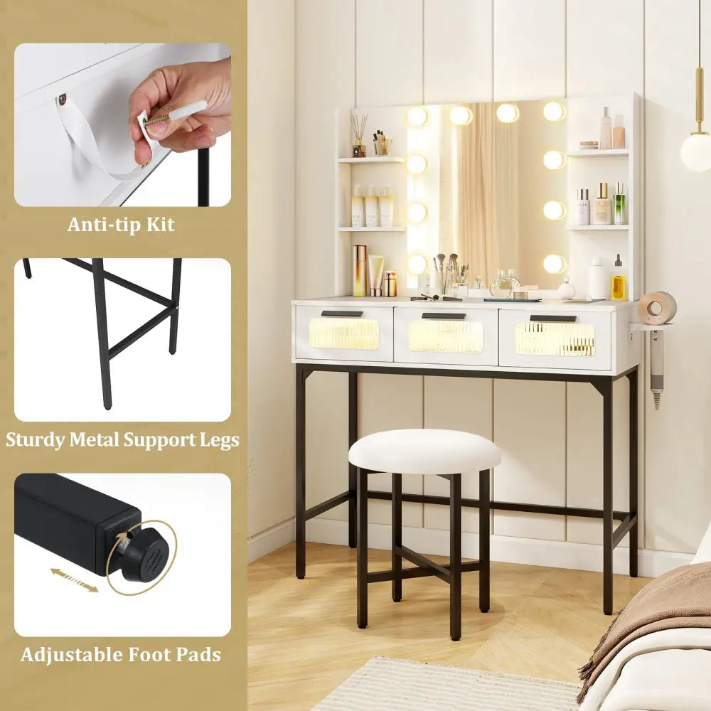 Bedroom Makeup Vanity Desk with Hollywood Mirror and Lights-White - White - Makeup Vanities