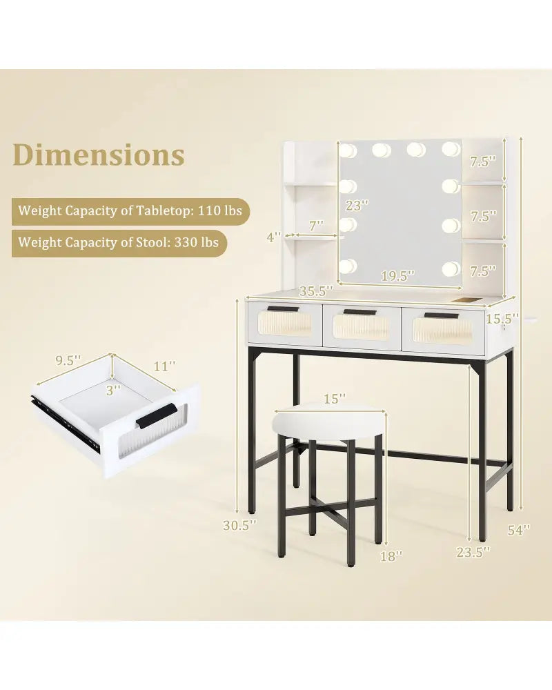 Bedroom Makeup Vanity Desk with Hollywood Mirror and Lights-White - White - Makeup Vanities