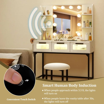 Bedroom Makeup Vanity Desk with Hollywood Mirror and Lights-White - White - Makeup Vanities