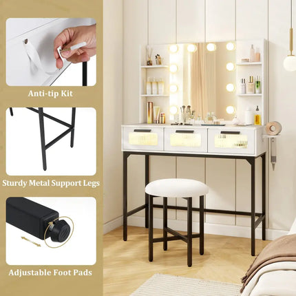 Bedroom Makeup Vanity Desk with Hollywood Mirror and Lights-White - White - Makeup Vanities