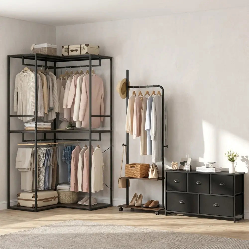 Bedroom Set with 3-Tier Clothes Rack Freestanding Clothing Rack and Dresser Storage Tower - Bedroom