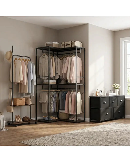 Bedroom Set with 3-Tier Clothes Rack Freestanding Clothing Rack and Dresser Storage Tower - Bedroom