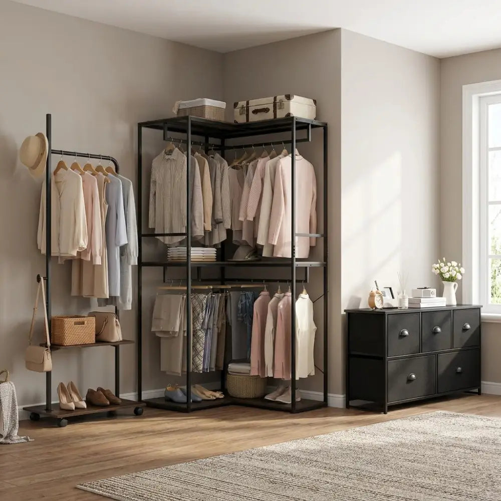 Bedroom Set with 3-Tier Clothes Rack Freestanding Clothing Rack and Dresser Storage Tower - Bedroom