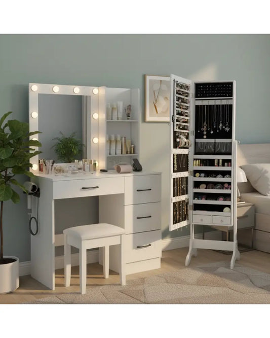 Bedroom Set with Lockable Mirrored Jewelry Cabinet and Vanity Desk - Bedroom