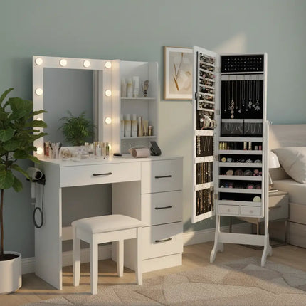Bedroom Set with Lockable Mirrored Jewelry Cabinet and Vanity Desk - Bedroom