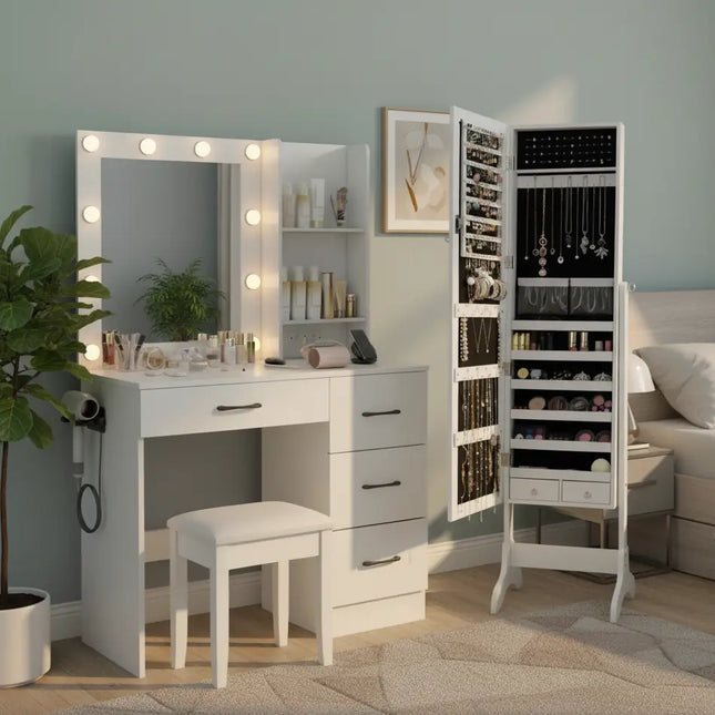 Bedroom Set with Lockable Mirrored Jewelry Cabinet and Vanity Desk - Bedroom