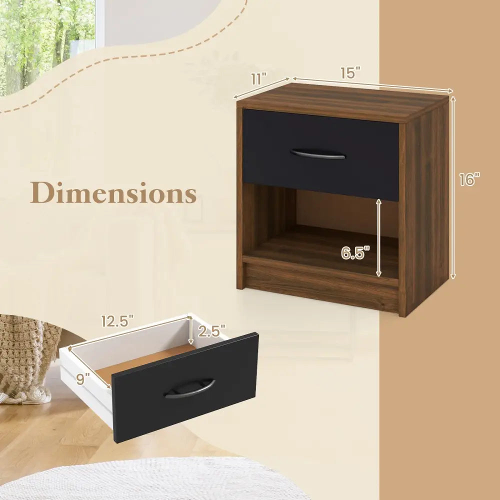 Bedside Table Nightstand with Drawer and Open Storage Shelf-Brown - Brown - Nightstands