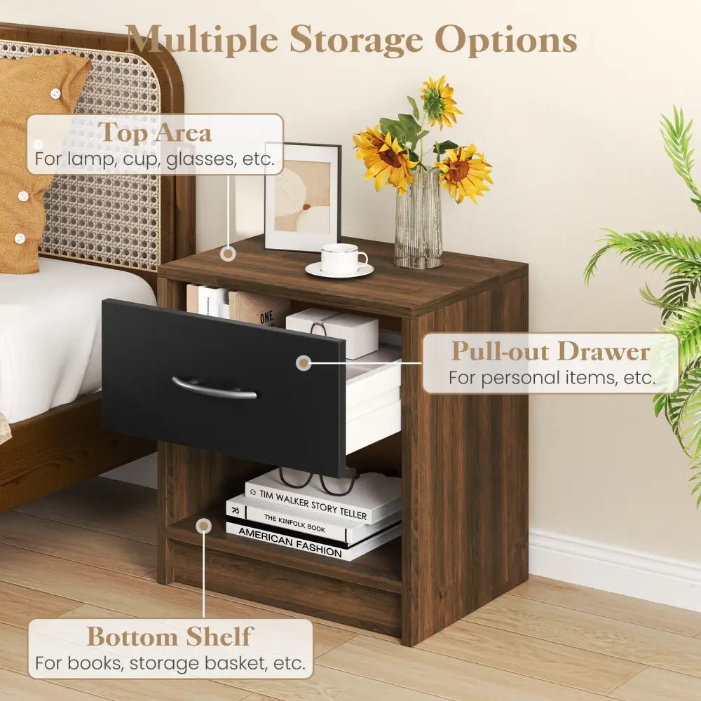 Bedside Table Nightstand with Drawer and Open Storage Shelf-Brown - Brown - Nightstands