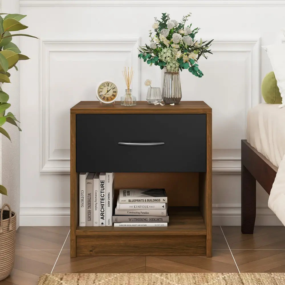 Bedside Table Nightstand with Drawer and Open Storage Shelf-Brown - Brown - Nightstands