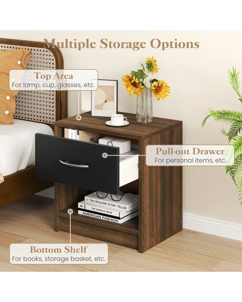 Bedside Table Nightstand with Drawer and Open Storage Shelf-Brown - Brown - Nightstands