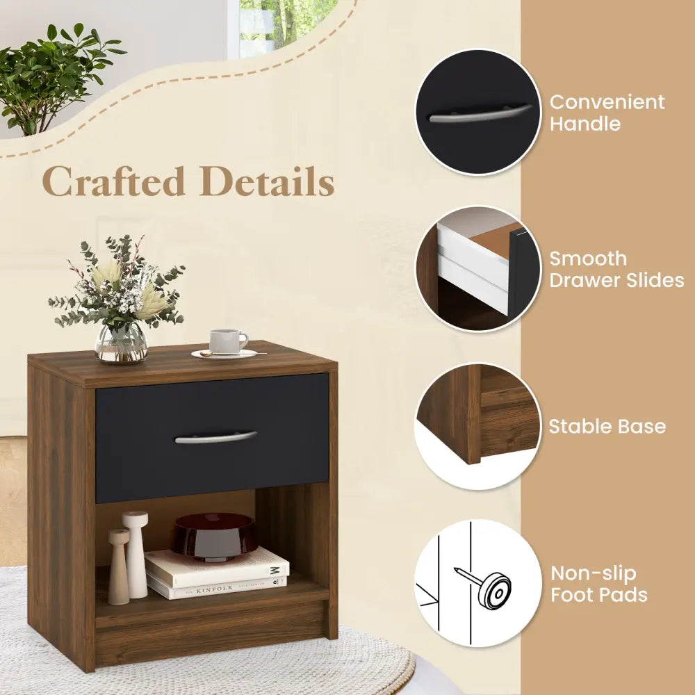 Bedside Table Nightstand with Drawer and Open Storage Shelf-Brown - Brown - Nightstands