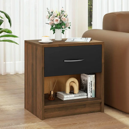 Bedside Table Nightstand with Drawer and Open Storage Shelf-Brown - Brown - Nightstands