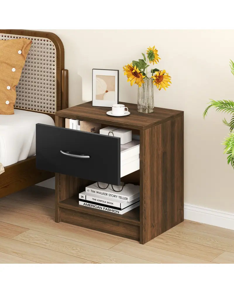 Bedside Table Nightstand with Drawer and Open Storage Shelf-Brown - Brown - Nightstands