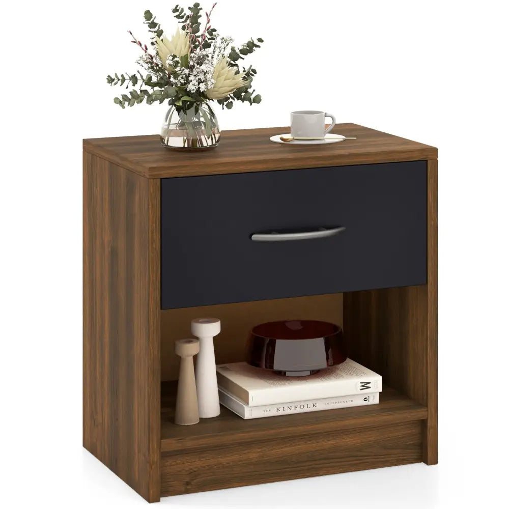 Bedside Table Nightstand with Drawer and Open Storage Shelf-Brown - Brown - Nightstands