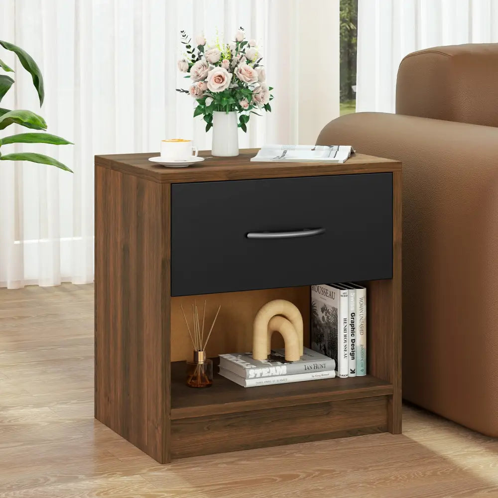 Bedside Table Nightstand with Drawer and Open Storage Shelf-Brown - Brown - Nightstands